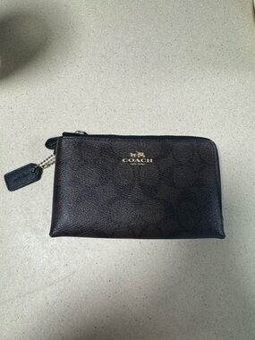 Coach Dark Brown Double Zip Pouch Wallet with Gold Logo
